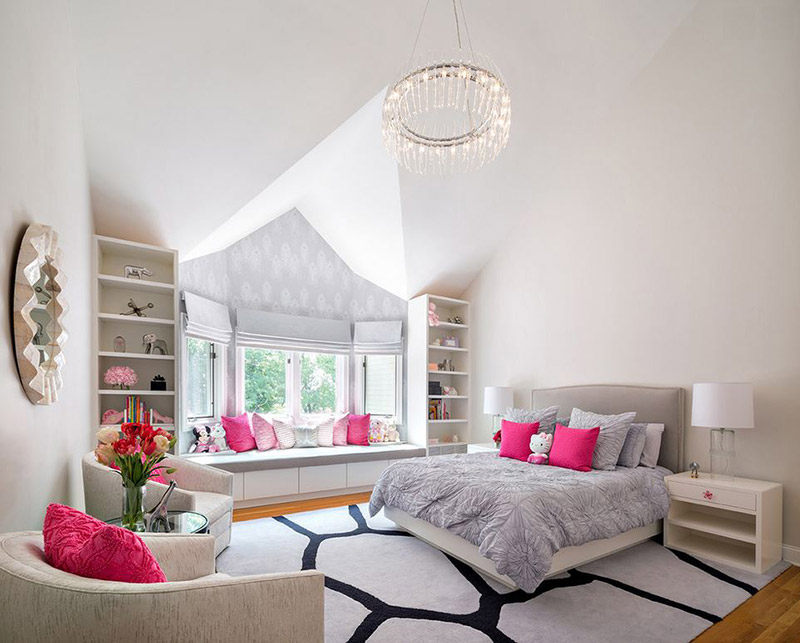 Phòng ngủ trang nhã với gam hồng và xám