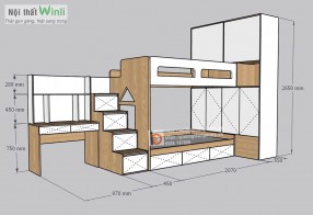 Giường tầng gỗ công nghiệp kết hợp tủ áo và bàn học cho 2 bé